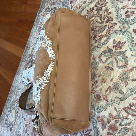 GUCCI POSITANO Leather Suede Tan Brown White Silver Gold Beaded Bag Rare Luxury - Picture 9 of 14